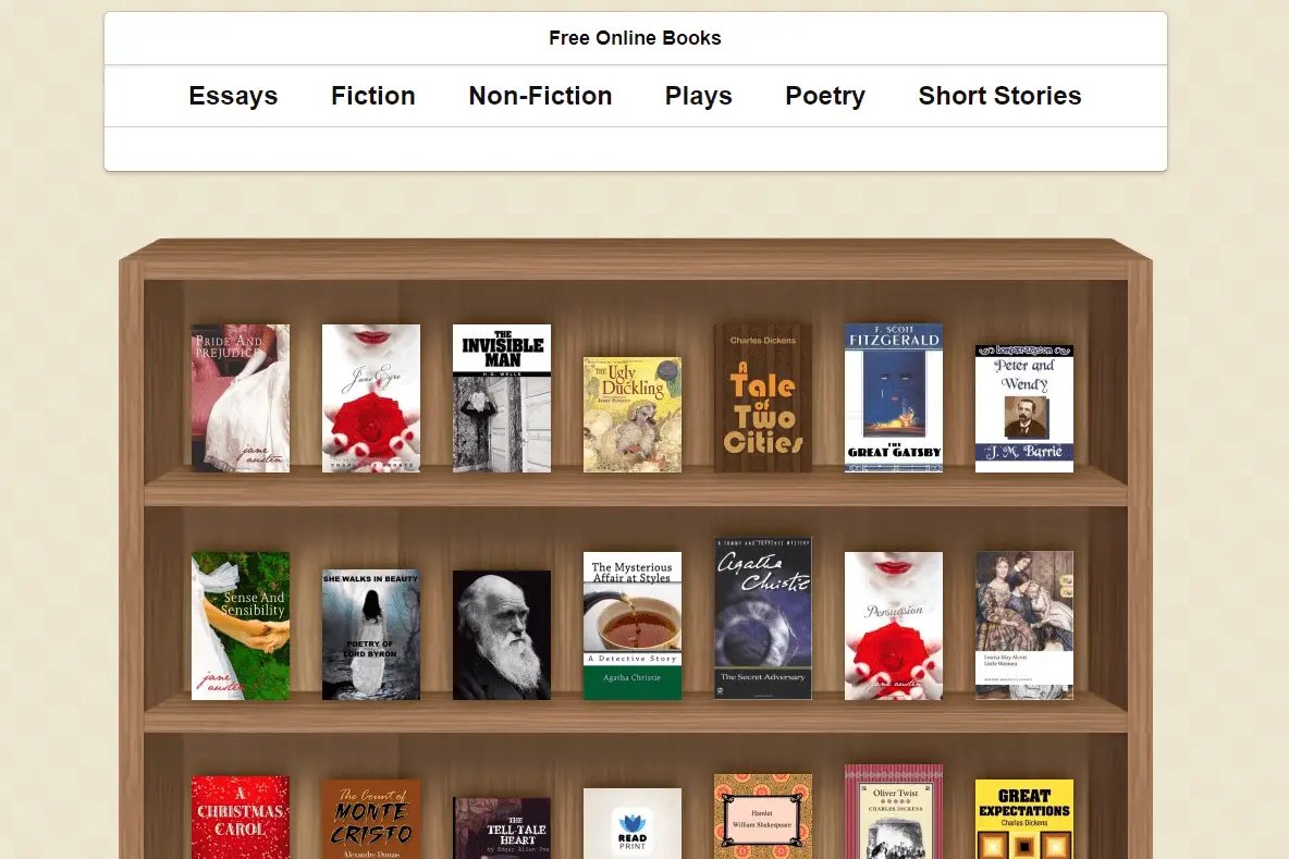 Skärmdump av webbplatsen Read Print som visar gratis bokkategorier 