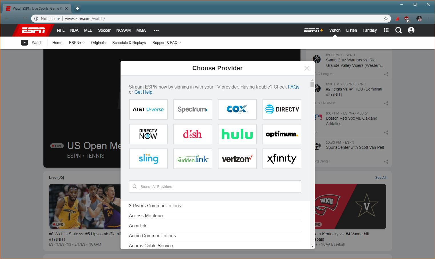 En skärmdump av urvalssidan för WatchESPN-leverantör.