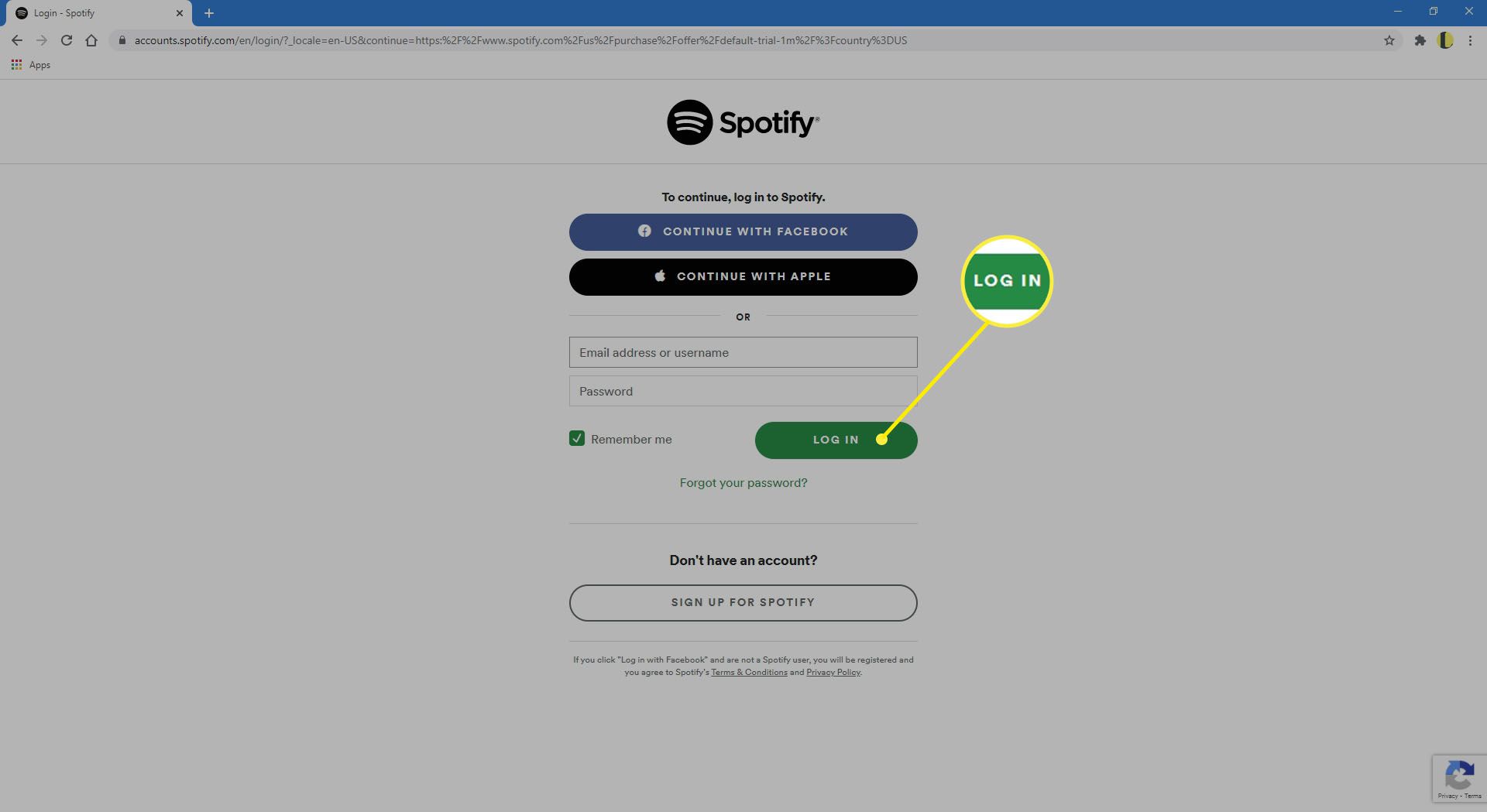 Välj Logga in på Spotifys webbplats.