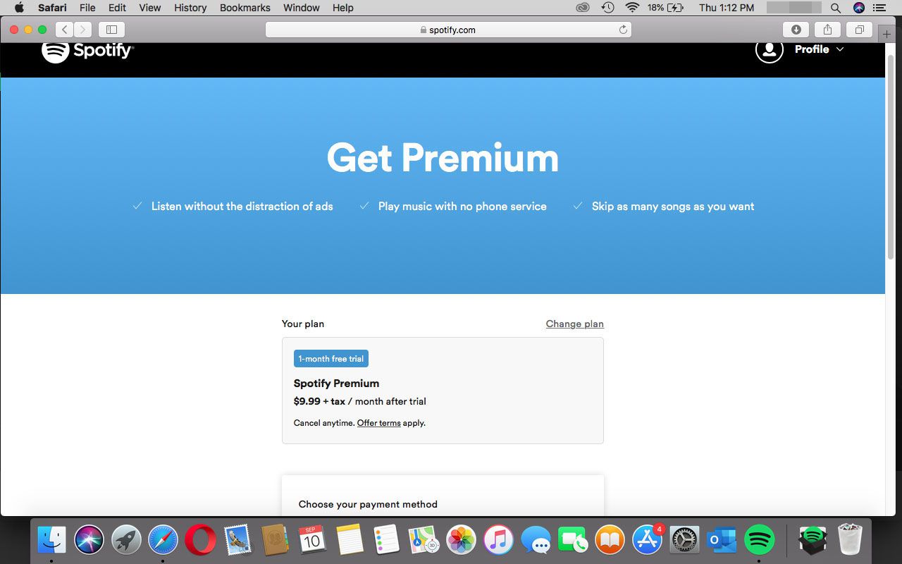 Betalningsinformation på Spotify-webbplatsen i Safari.