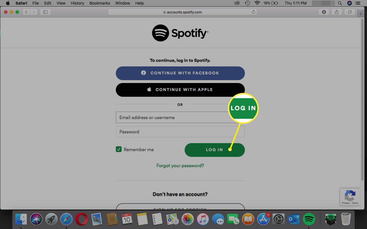Välj Logga in på Spotify-webbplatsen i Safari.