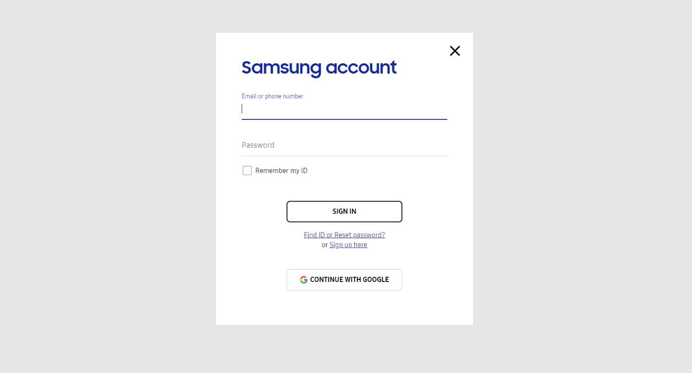 Samsungs inloggningsskärm Hitta min mobil