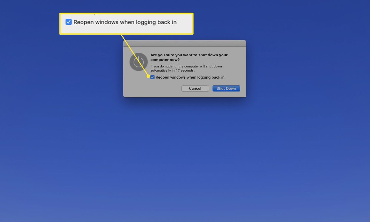 Avstängningsruta för Mac med "Öppna fönster igen när du loggar in" markerad