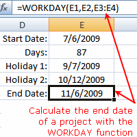 Skärmdump av Excels WORKDAY-funktion