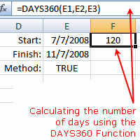 Skärmdump av Excels DAYS360-funktion