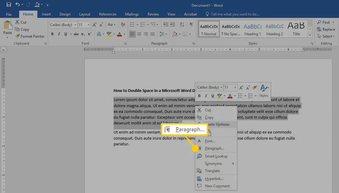 Dubbelrum ett avsnitt av text i Microsoft Word