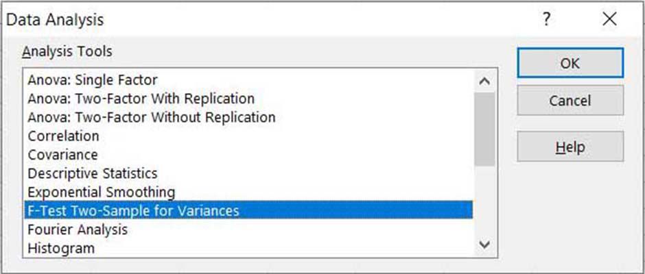 Välj F-Test från Excel-dataanalys