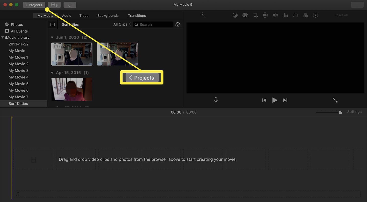 Fliken Proects i iMovie på en Mac