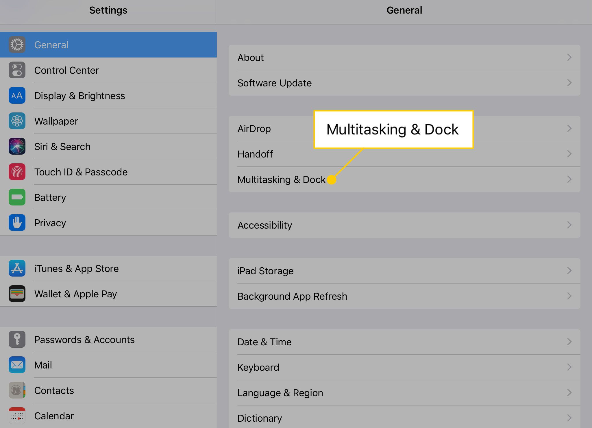 Multitasking & Dock-inställning på iPad