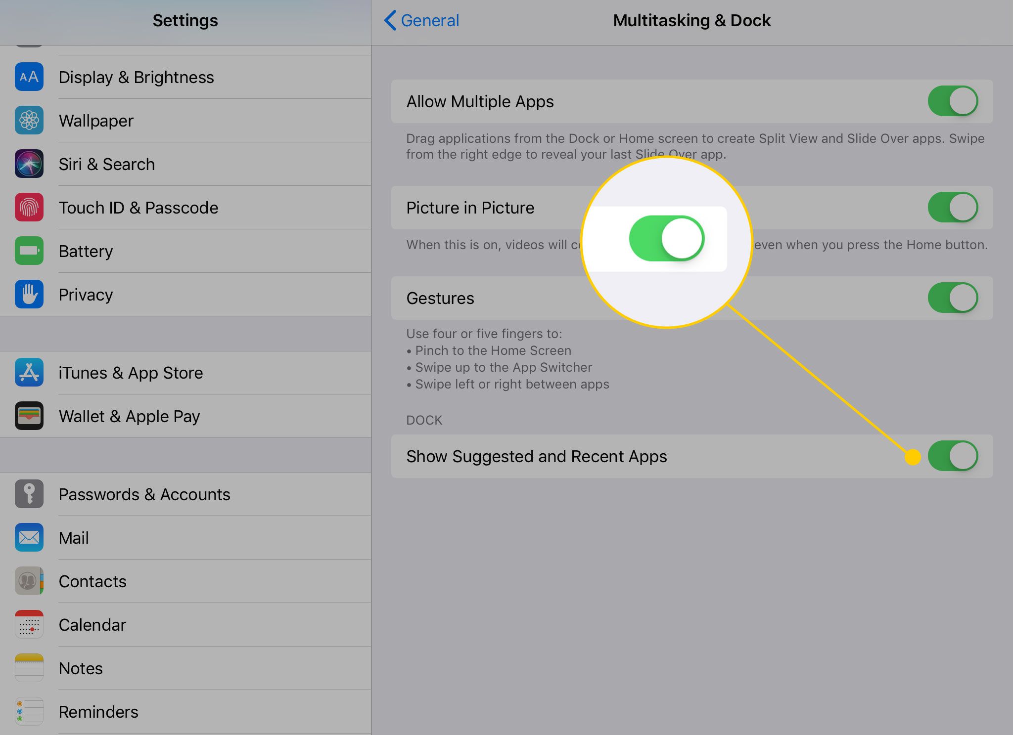 Multitasking & Dock-inställningar på en iPad med reglaget Visa föreslagna och Senaste appar markerade