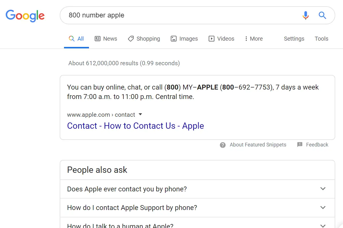 800-nummer för Apple Google-sökning