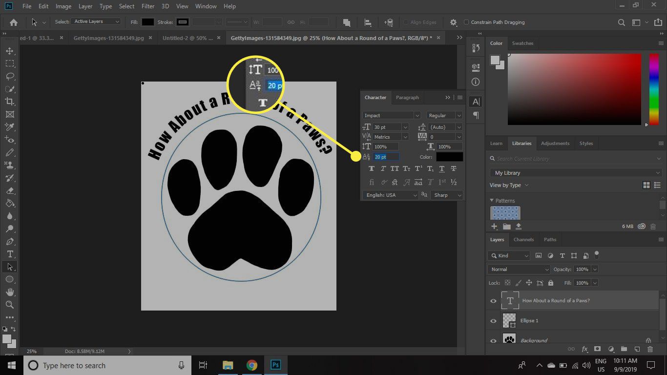 En skärmdump av Photoshop med kommandot Baseline Shift i teckenpaletten markerad