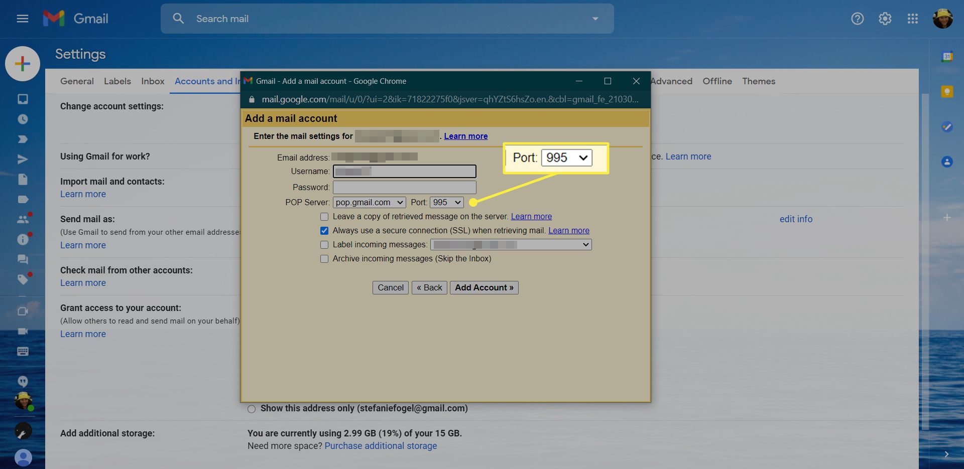 Gmail Lägg till ett e-postkontoinställningar med alternativet Port markerat