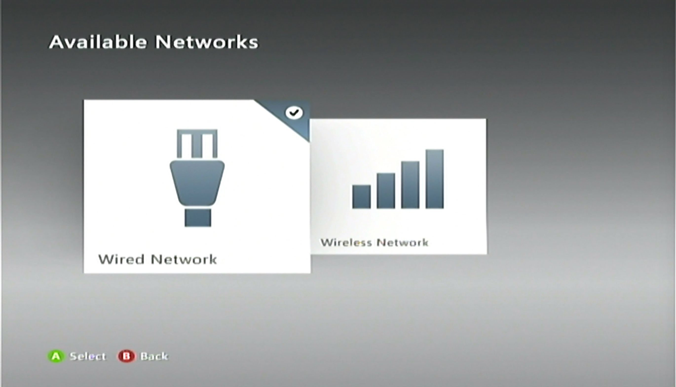 Trådbundet nätverk val på skärmen Tillgängliga nätverk på Xbox 360