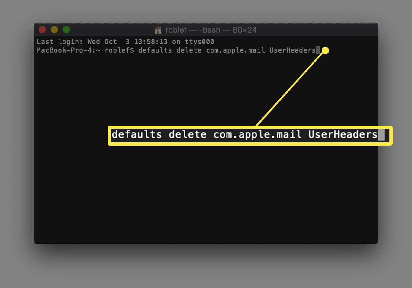 Terminalapp i macOS som visar "standard raderar kommandot com.apple.mail UserHeaders"