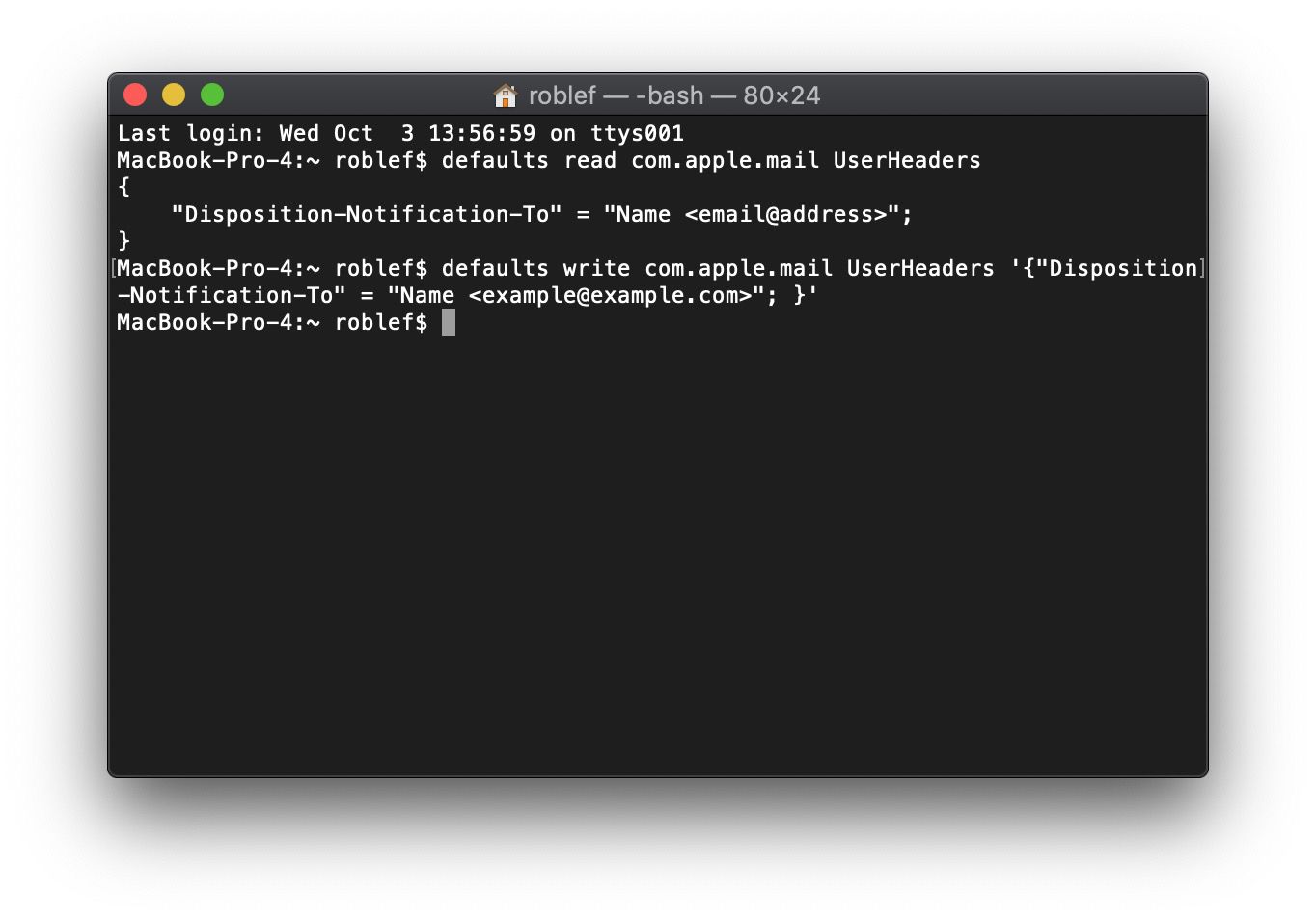 Terminalapp i macOS som visar standard skriver com.apple.mail UserHeaders