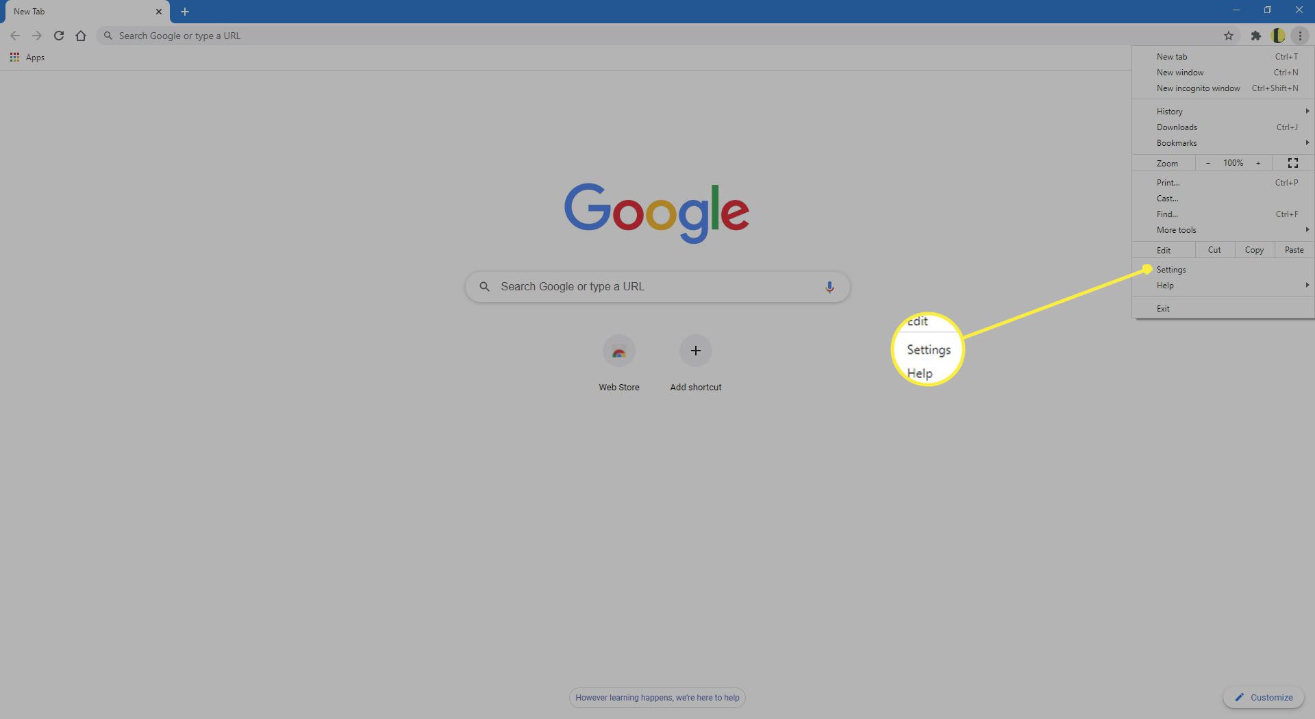 Chrome-meny som visar inställningsplatsen