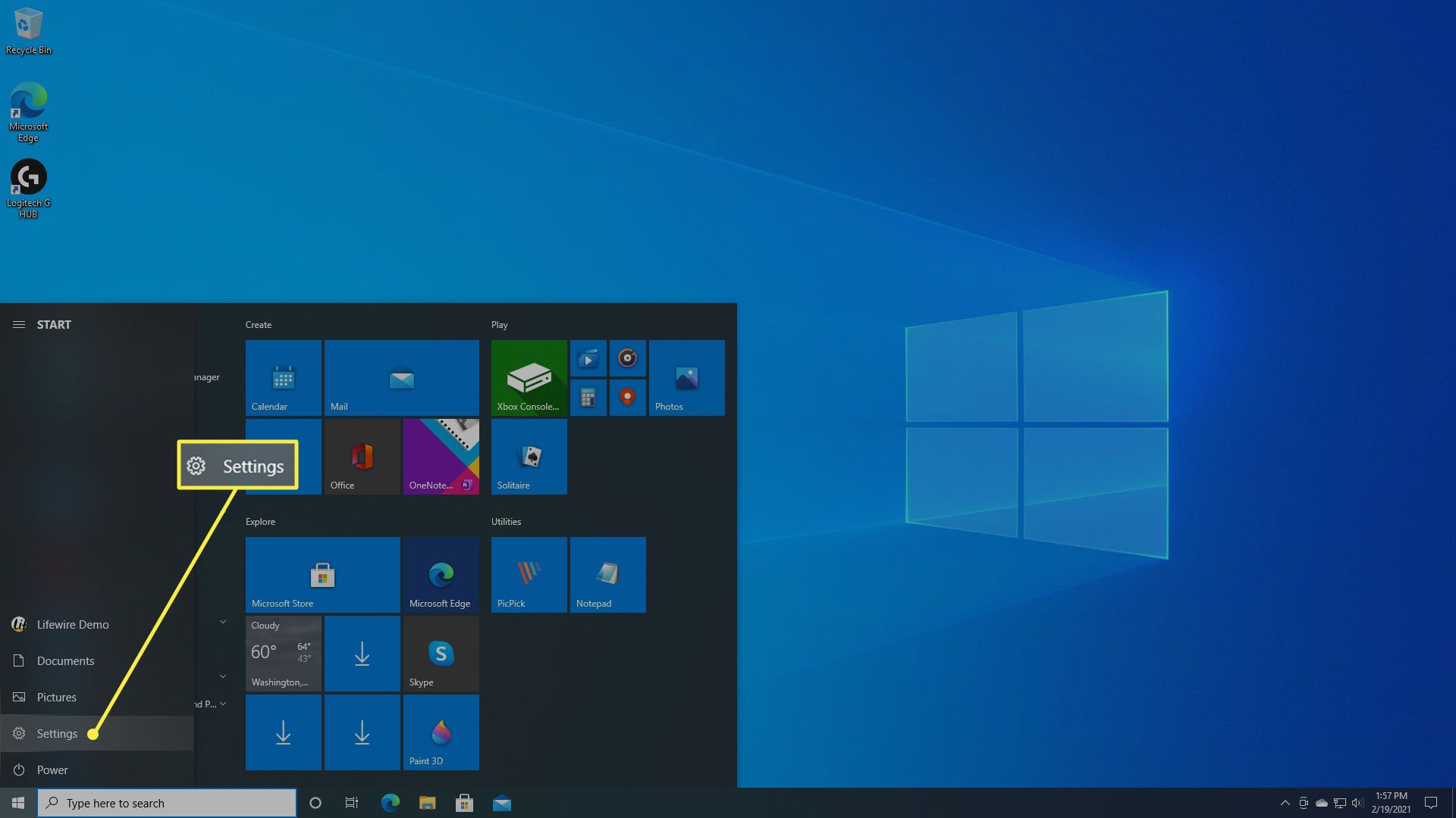 Välja inställningar i Windows 10 Start-meny.