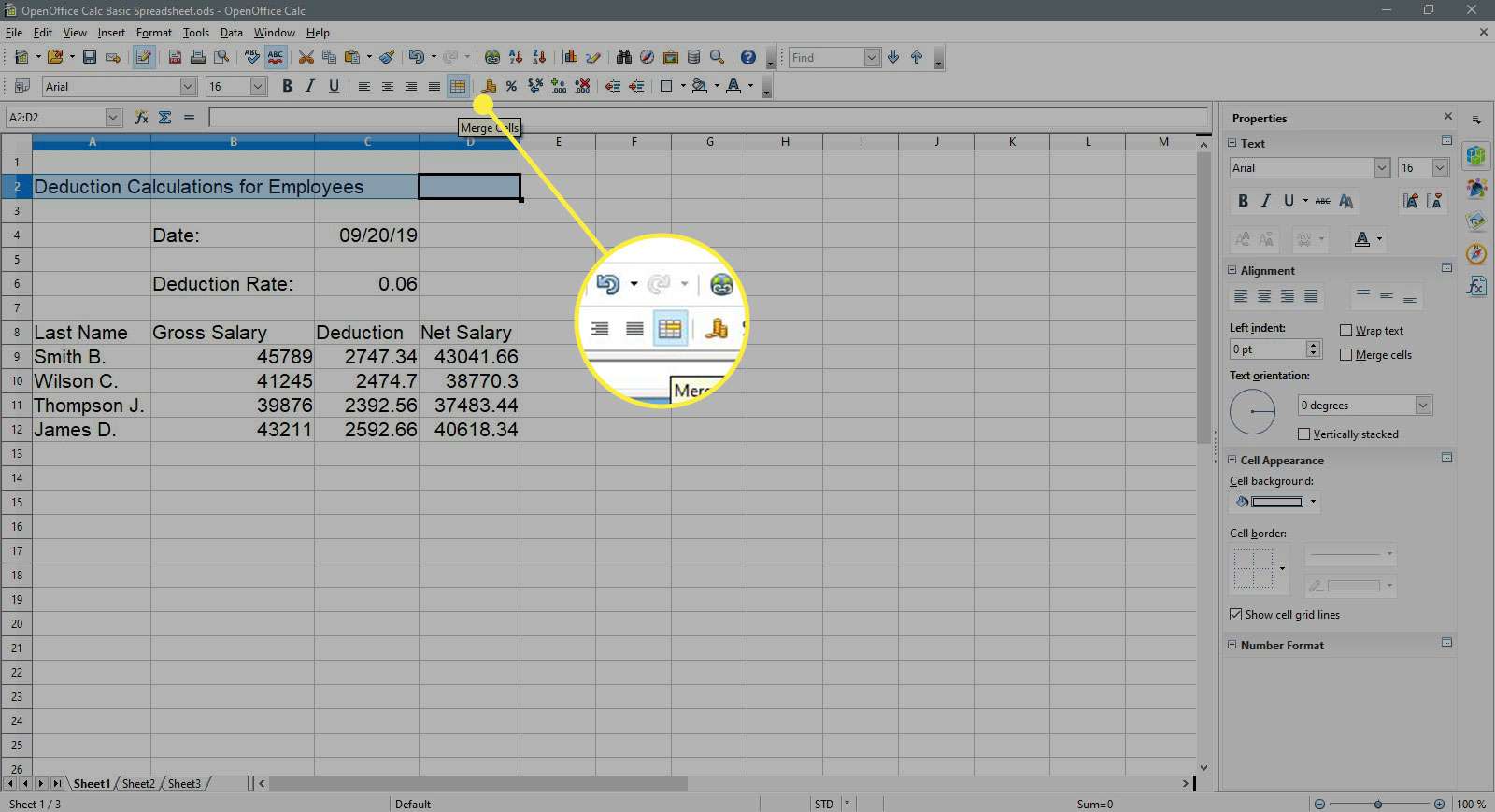 Cellerna i nettolön har kopierats i OpenOffice Calc.