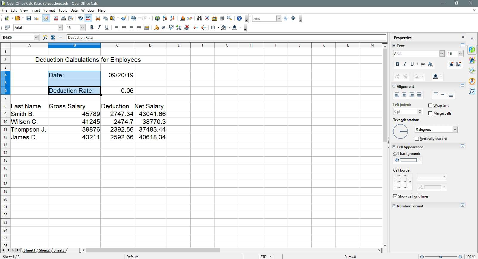 Celler för datum och avdrag väljs i OpenOffice Calc.