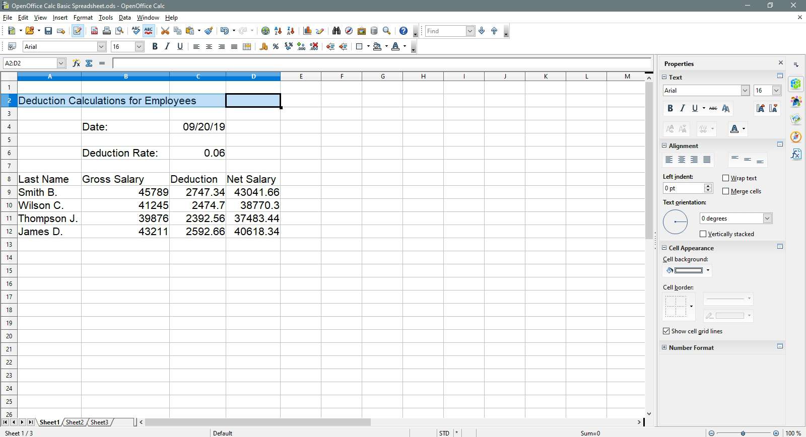 Ett cellområde har valts.  i OpenOffice Calc.