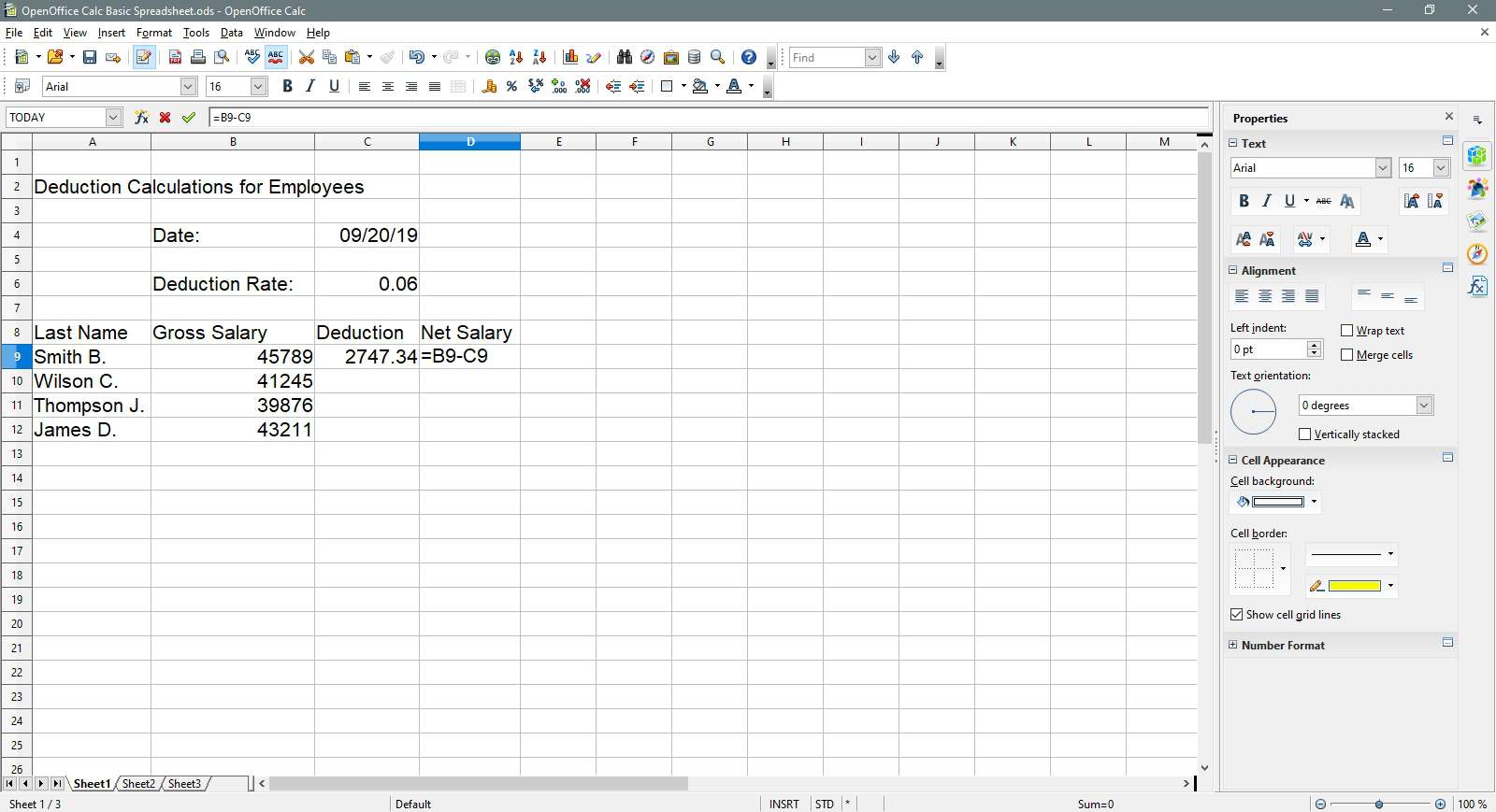 Ange en subtraktionsformel i OpenOffice Calc.