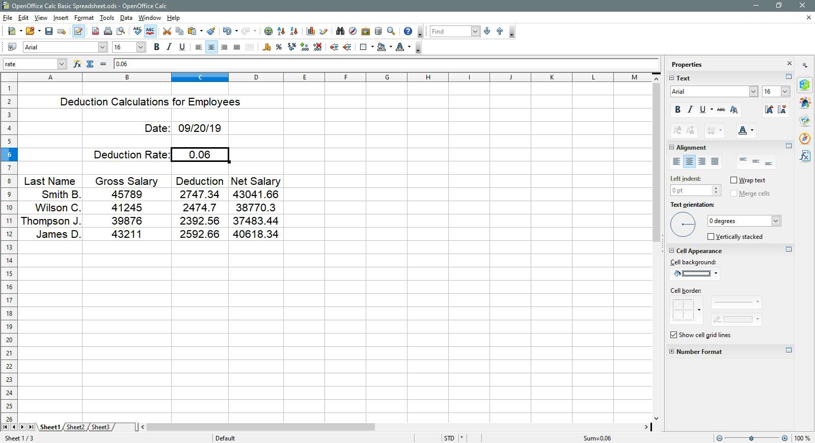 Cell C6 väljs i OpenOffice Calc.