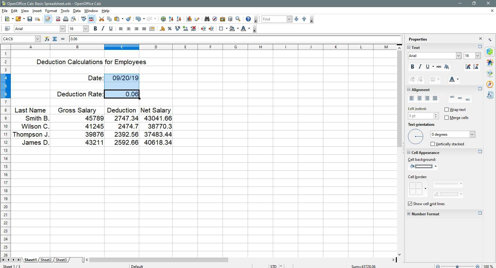 Celler för datum och avdrag är markerade i OpenOffice Calc.