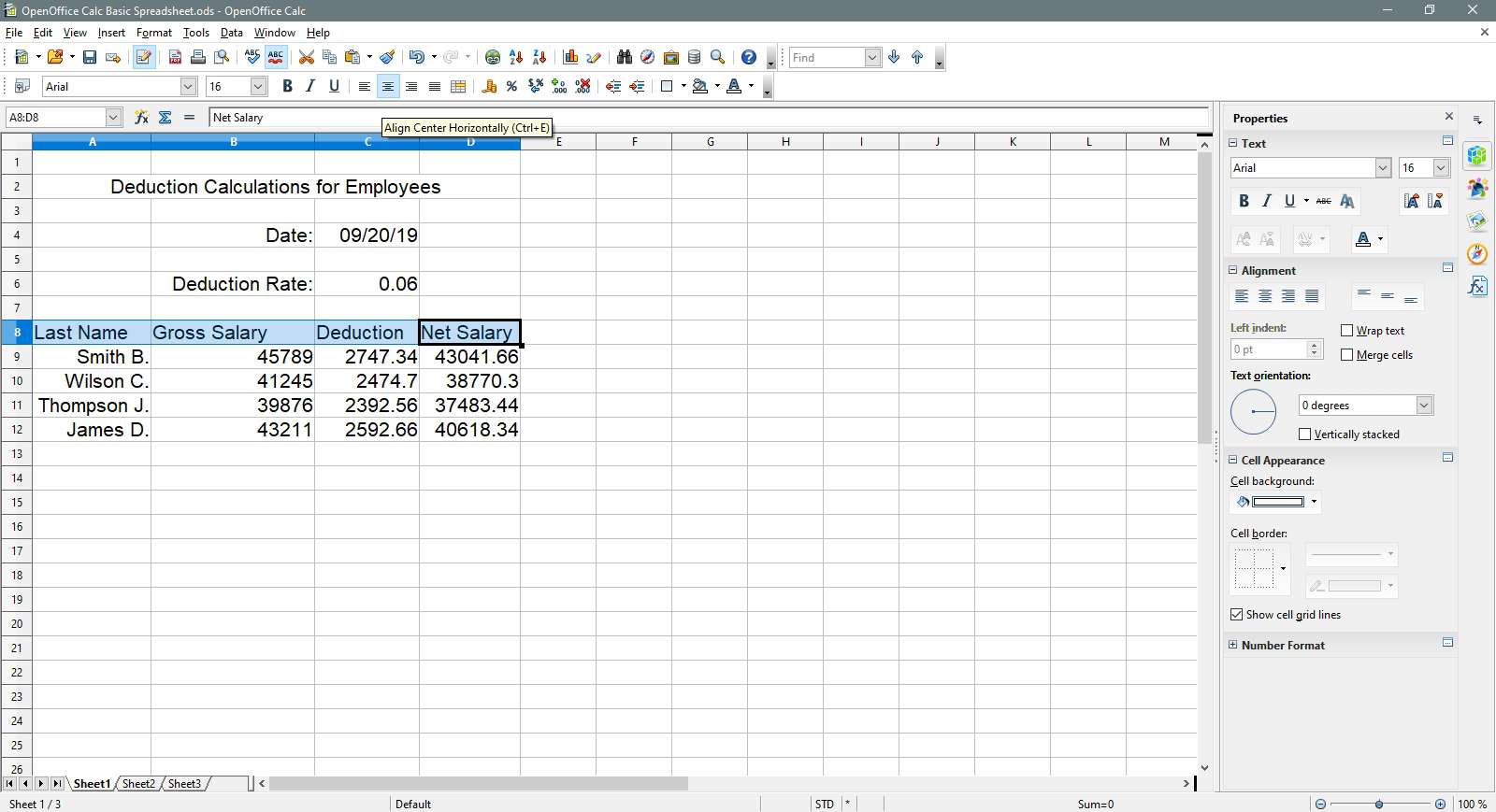 Rubrikraden justeras till höger i OpenOffice Calc.