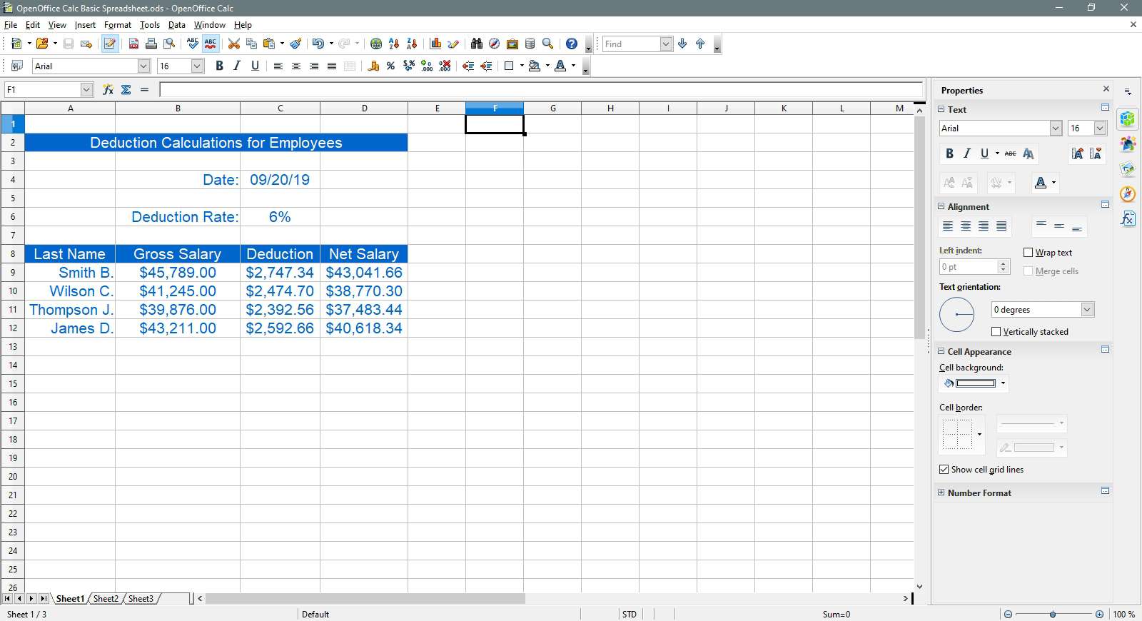 Det färdiga kalkylarket i OpenOffice Calc.