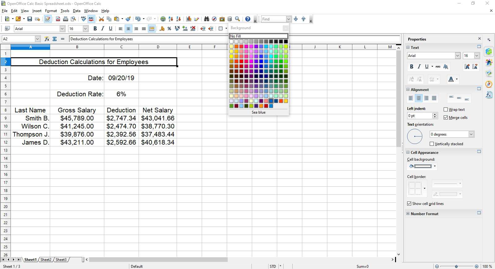 Ställa in kalkylbladets titel till himmelblå bakgrund i OpenOffice Calc.