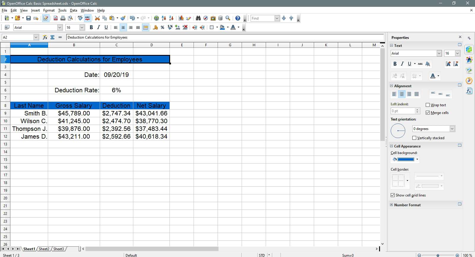 Välja titelrubrik i OpenOffice Calc.