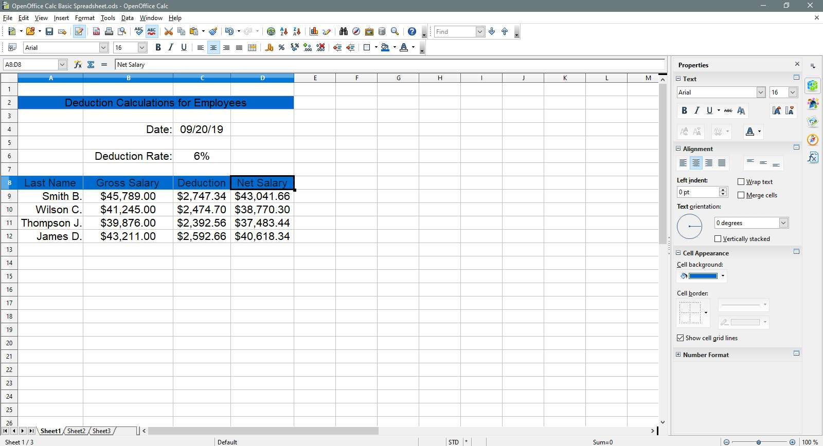 Ställa in kolumnrubrikerna till himmelblå färg i OpenOffice Calc.