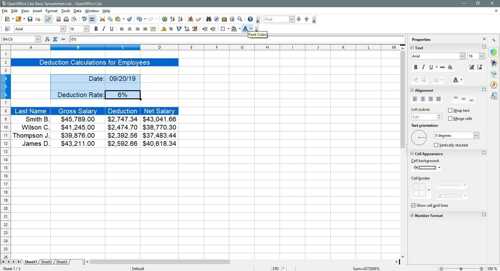 Celler som valts för att ändra teckensnittsfärgen i OpenOffice Calc.