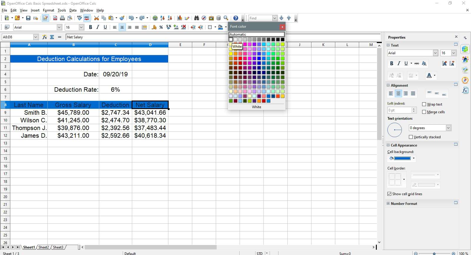 Välja vitt för texten i OpenOffice Calc.