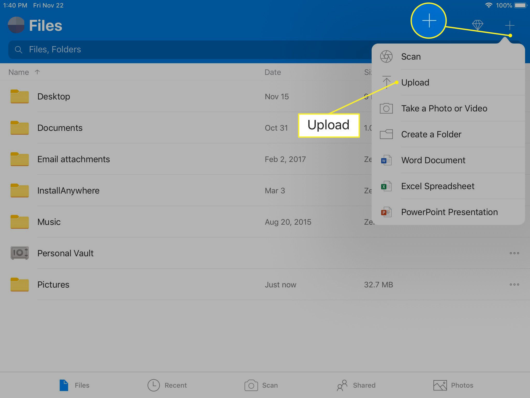 OneDrive för iOS med uppladdning markerad