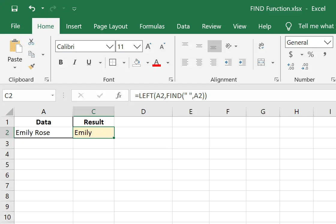 Excel HITTA funktionsformel för att extrahera ett förnamn