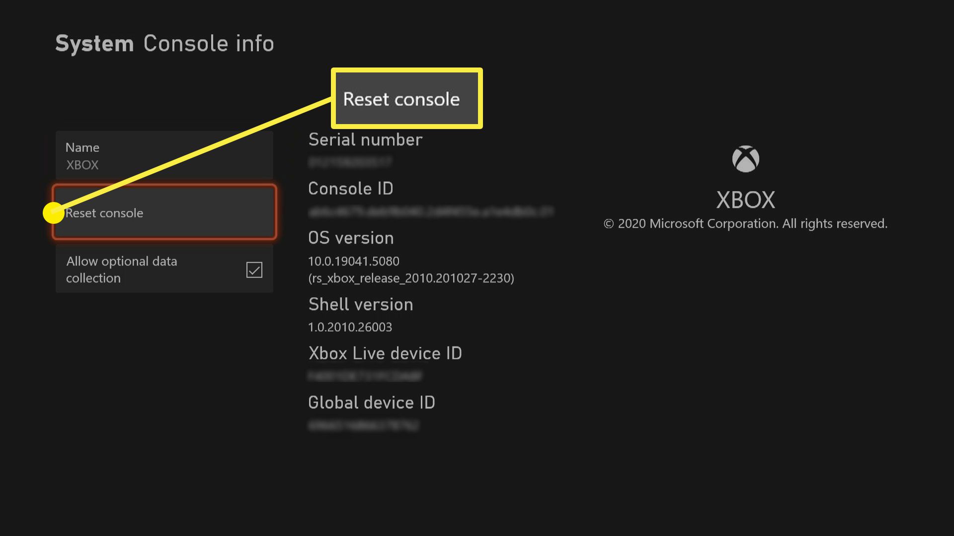 En skärmdump av information om systemkonsolen på Xbox Series X / S.