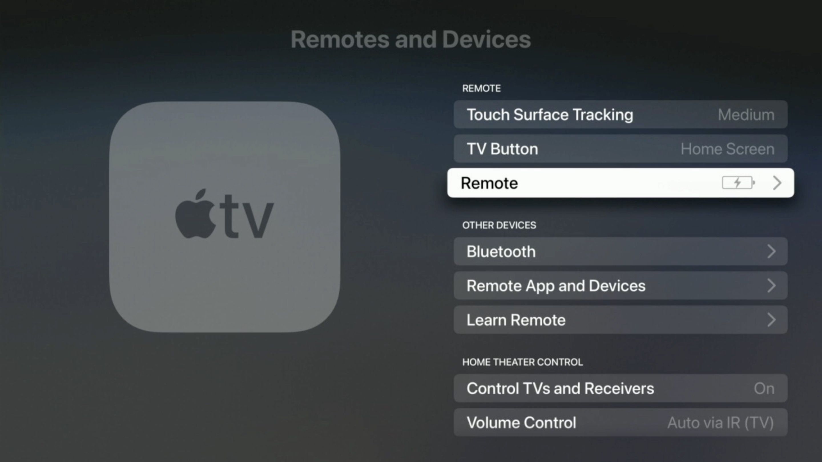 Fjärrkontroll i "Fjärrkontroller och enheter" i Apple TV-inställningar