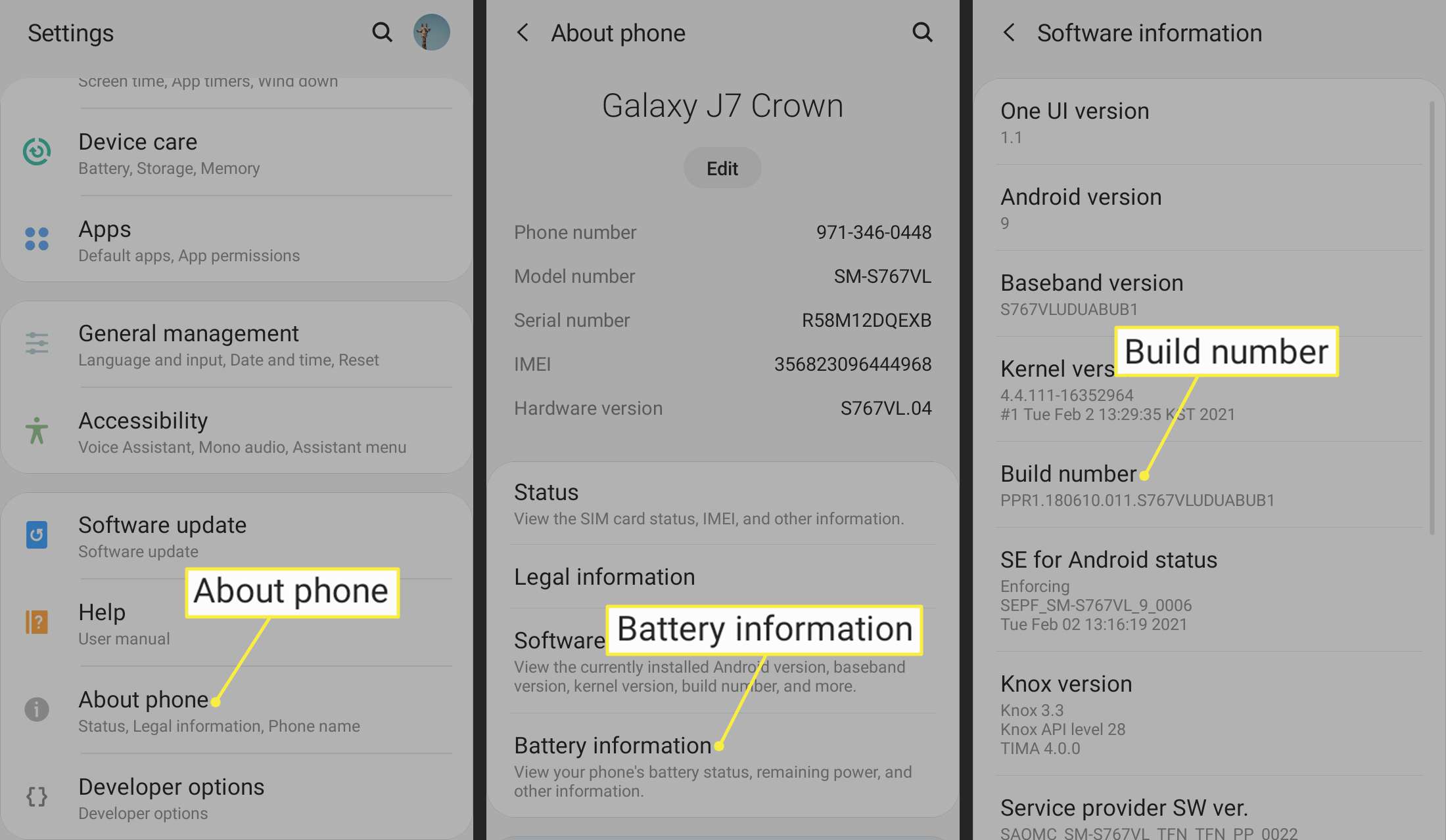 Om telefon, batteriinformation och byggnummer markerat i Android-inställningar