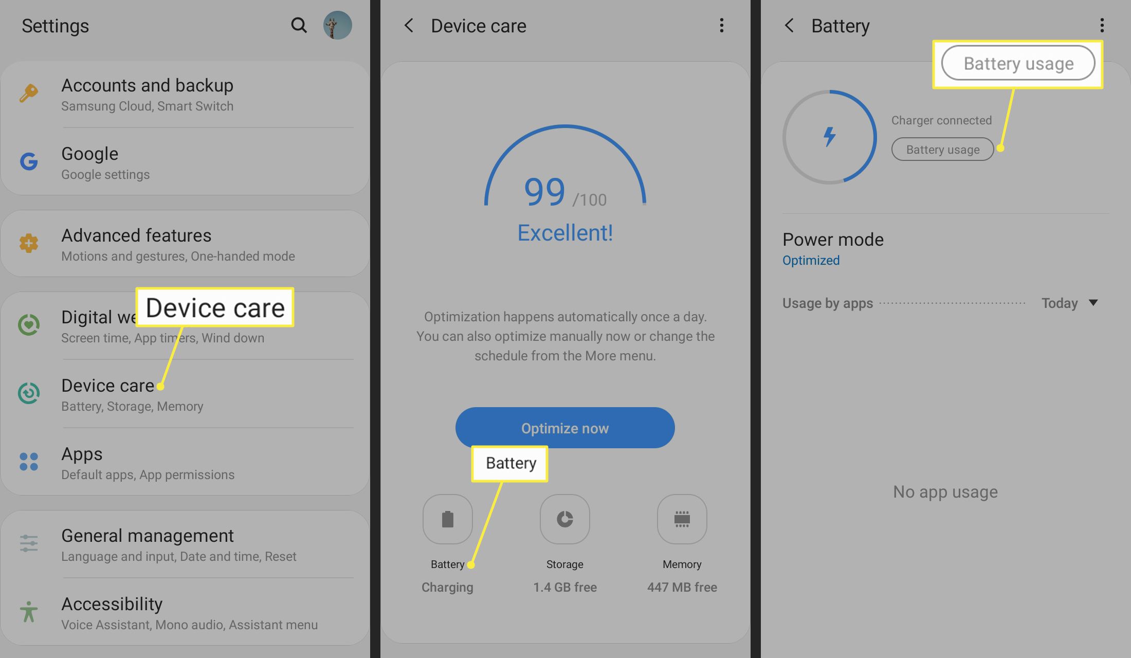 Enhetsvård, batteri och batterianvändning markerade i Android-inställningar