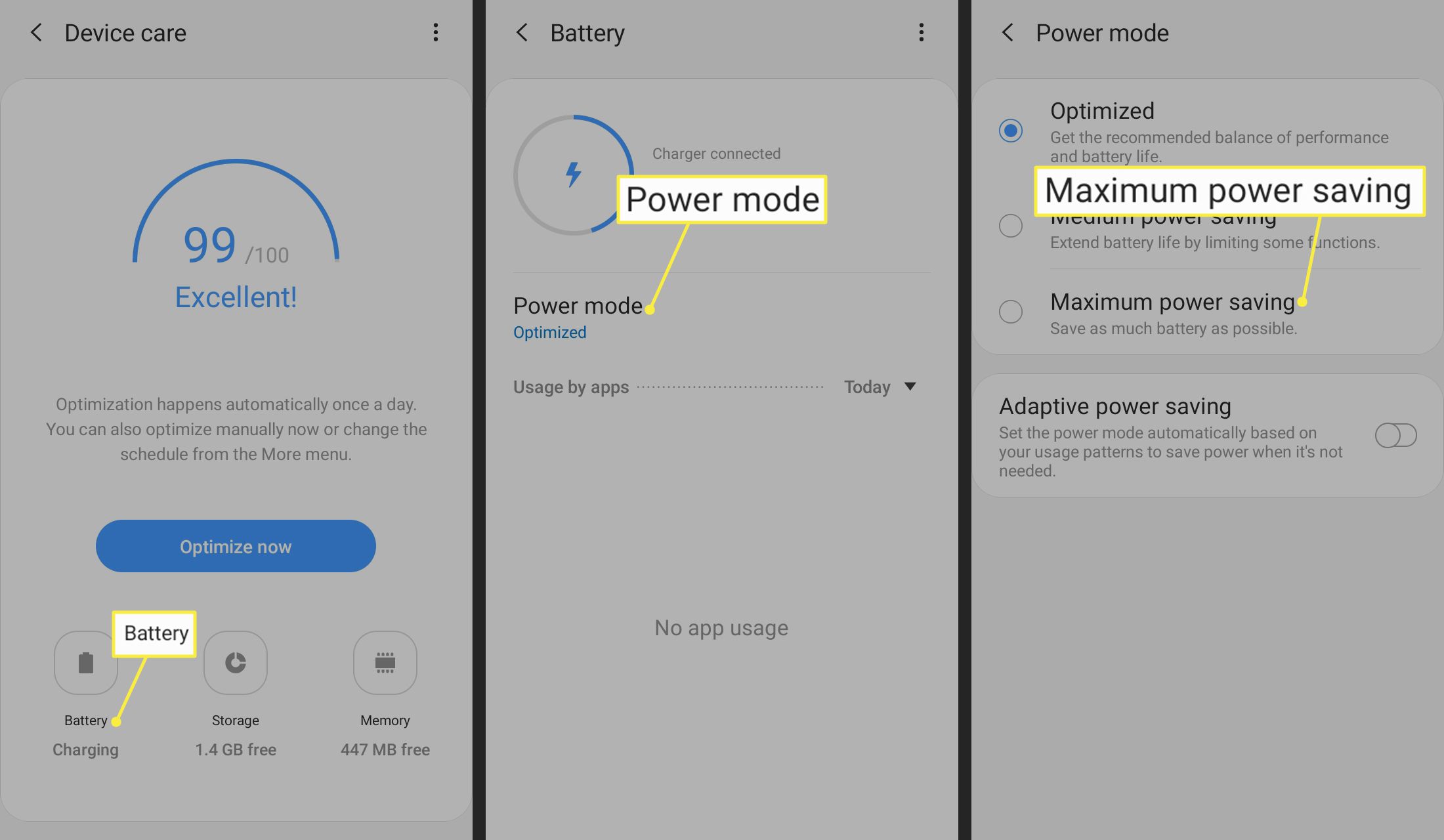 Batteri, Strömläge, Maximal energibesparing markerad i Android-inställningar