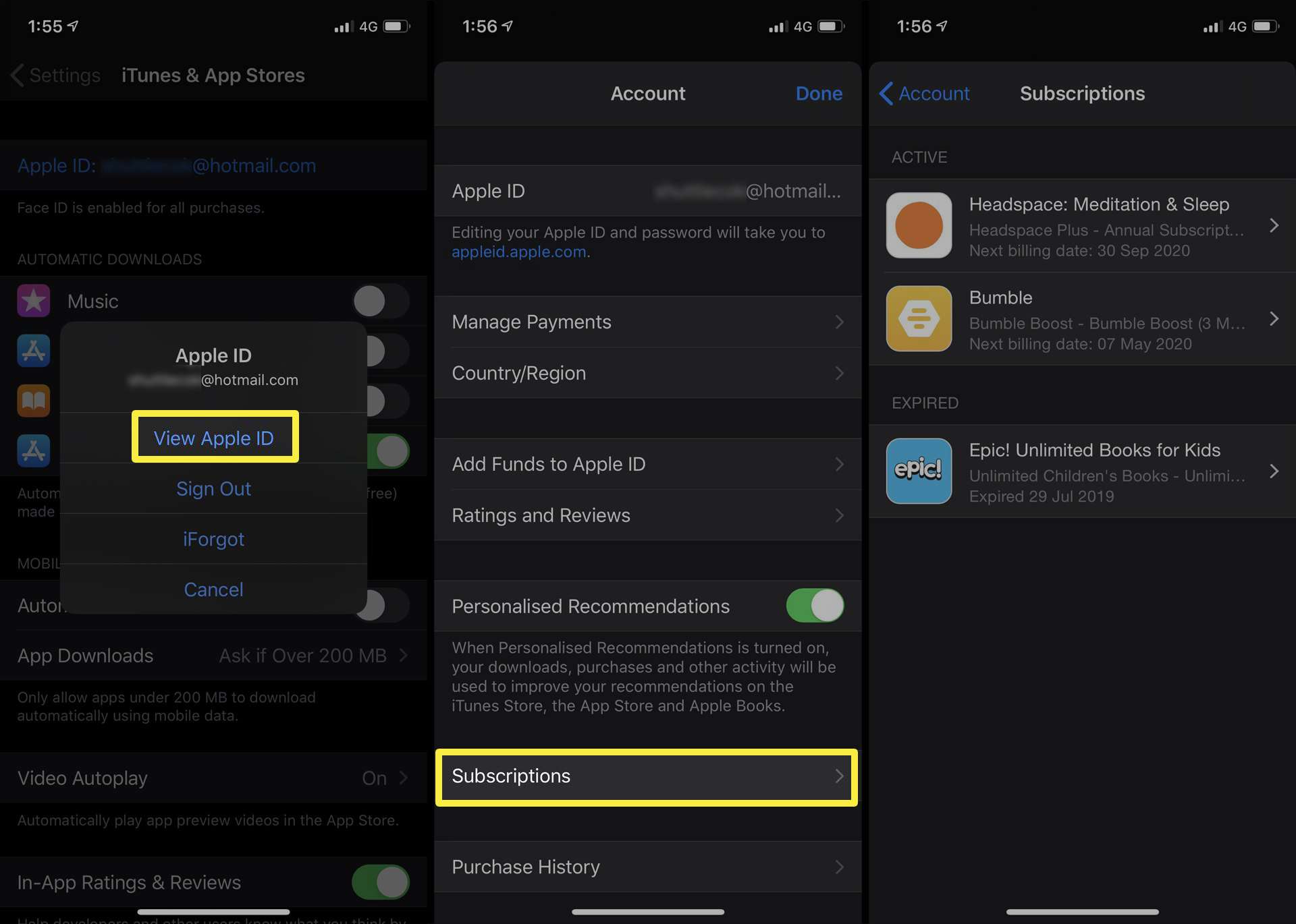 Skärmdump av iPhone Settings-appen och iTunes-butiksabonnemang med Bumble och Headspace-alternativ.