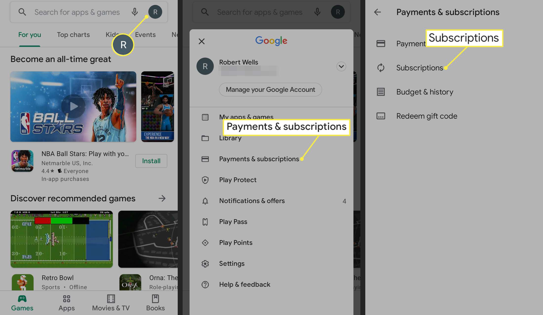 Profilikon, Betalningar och prenumerationer och prenumerationer i Google Play