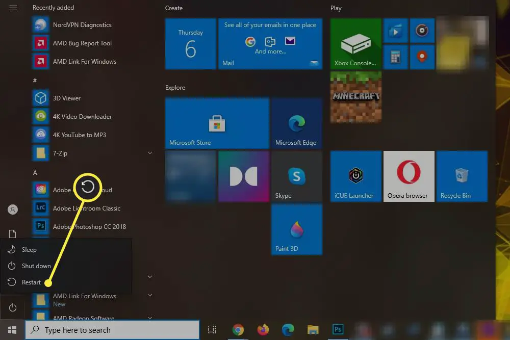 Windows 10 strömmeny med alternativet Starta om markerat