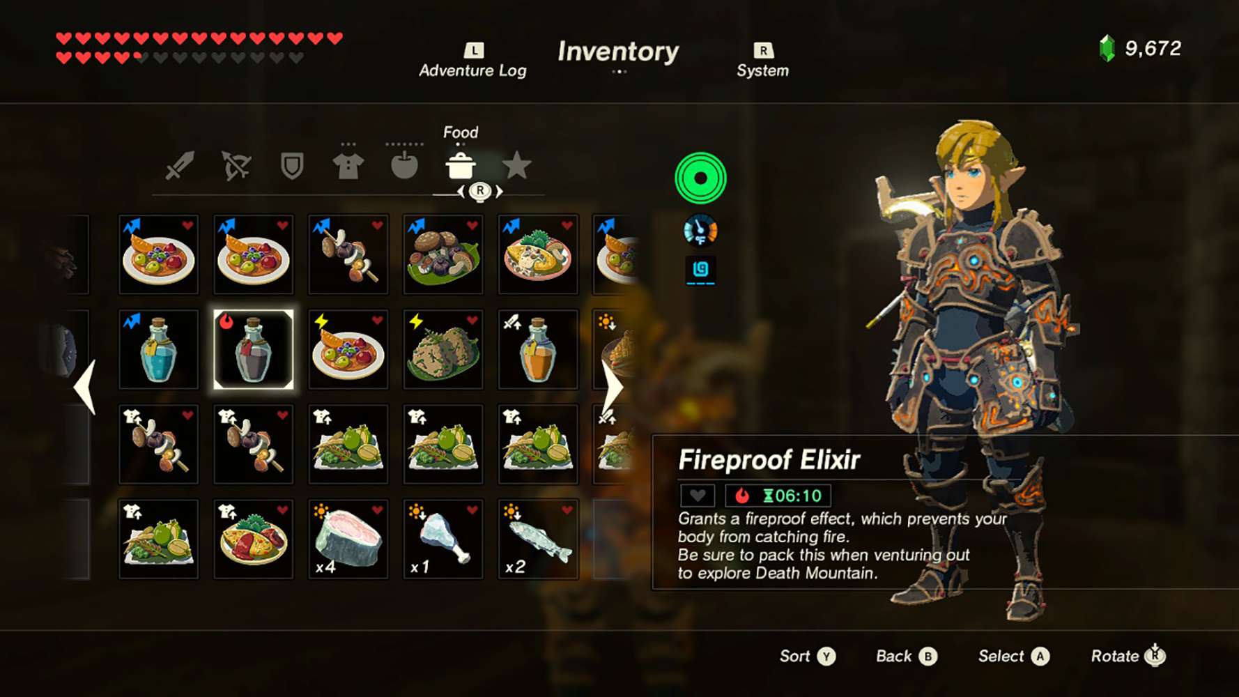 En skärmdump av inventeringen med en elixir i Legend of Zelda: Breath of the Wild