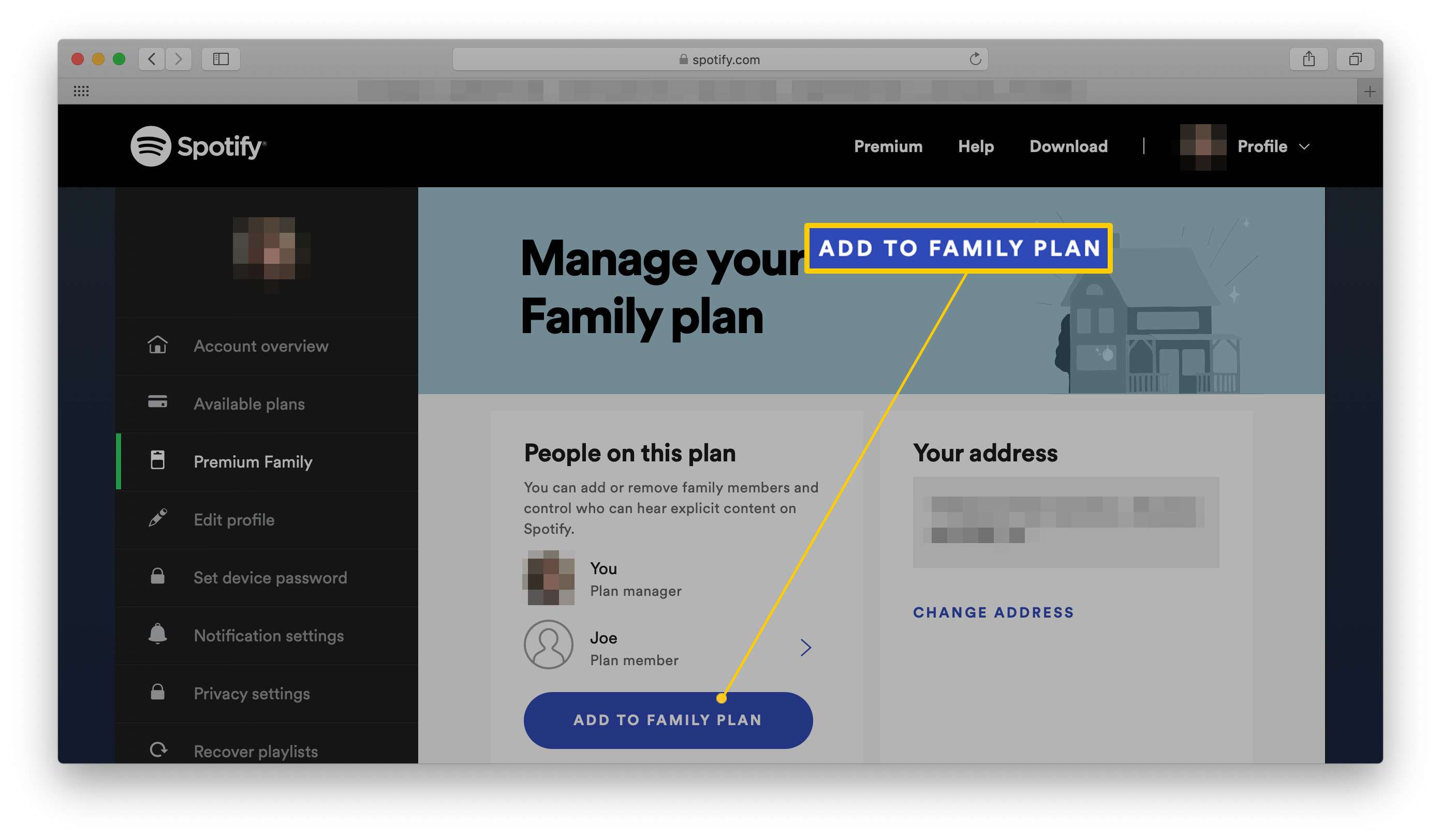 Spotify-kontoinställningar med att lägga till någon i familjeplanen markerad