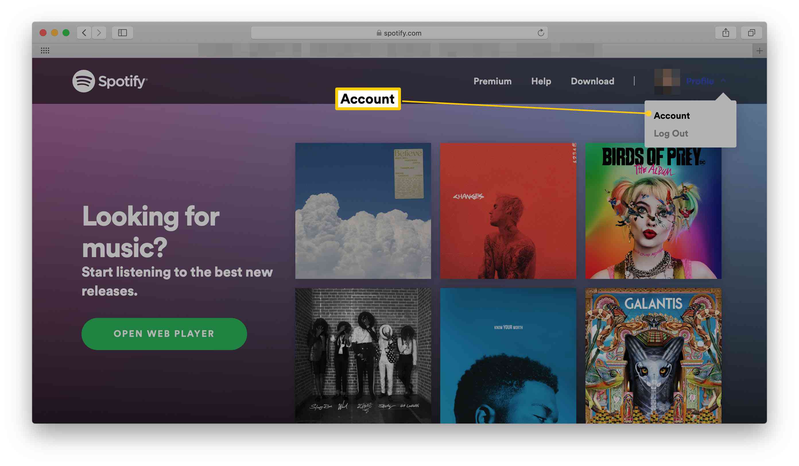 Spotify-hemsidan med Konto markerat