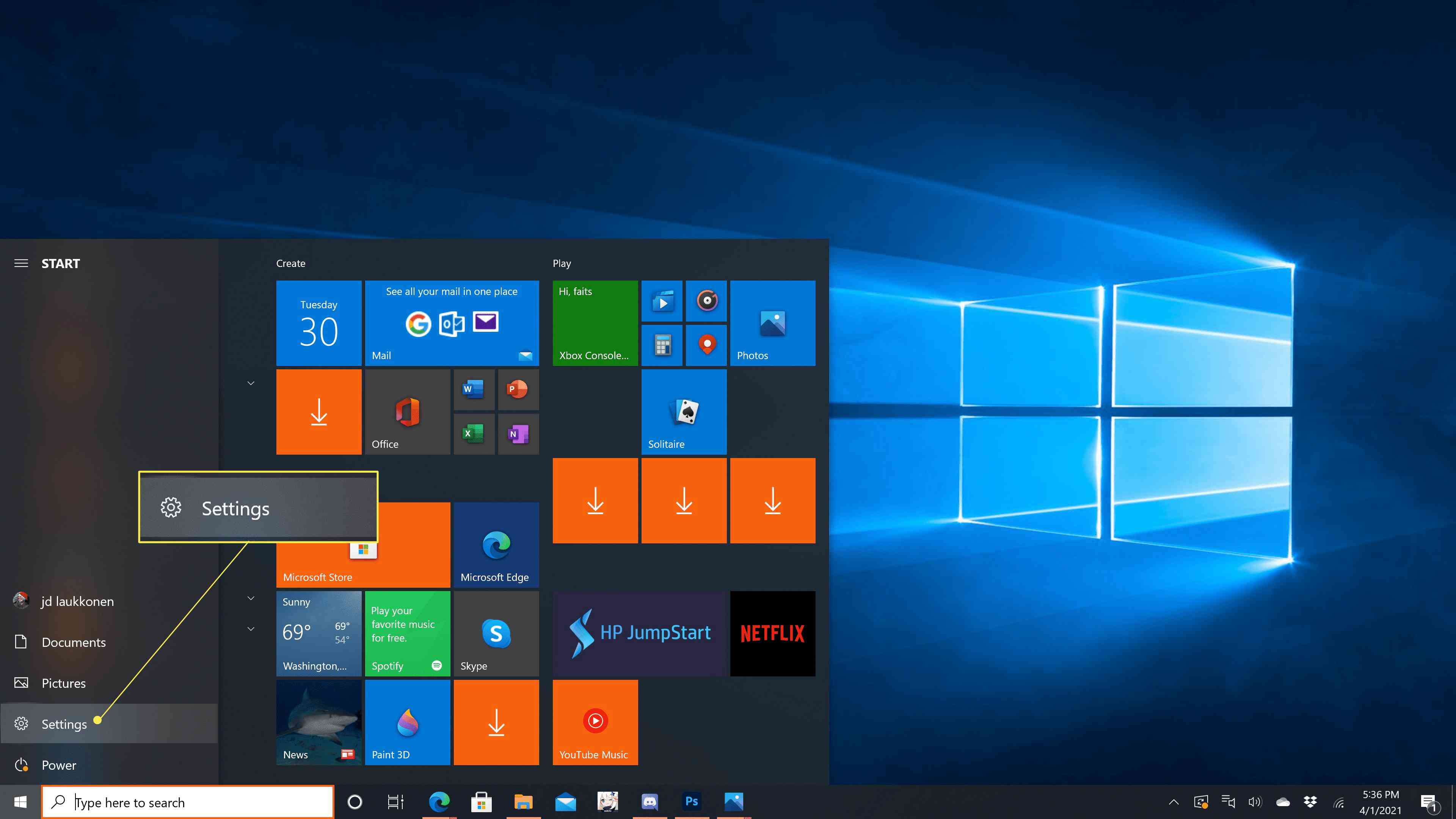 Inställningar markerade i Windows 10 startmeny.