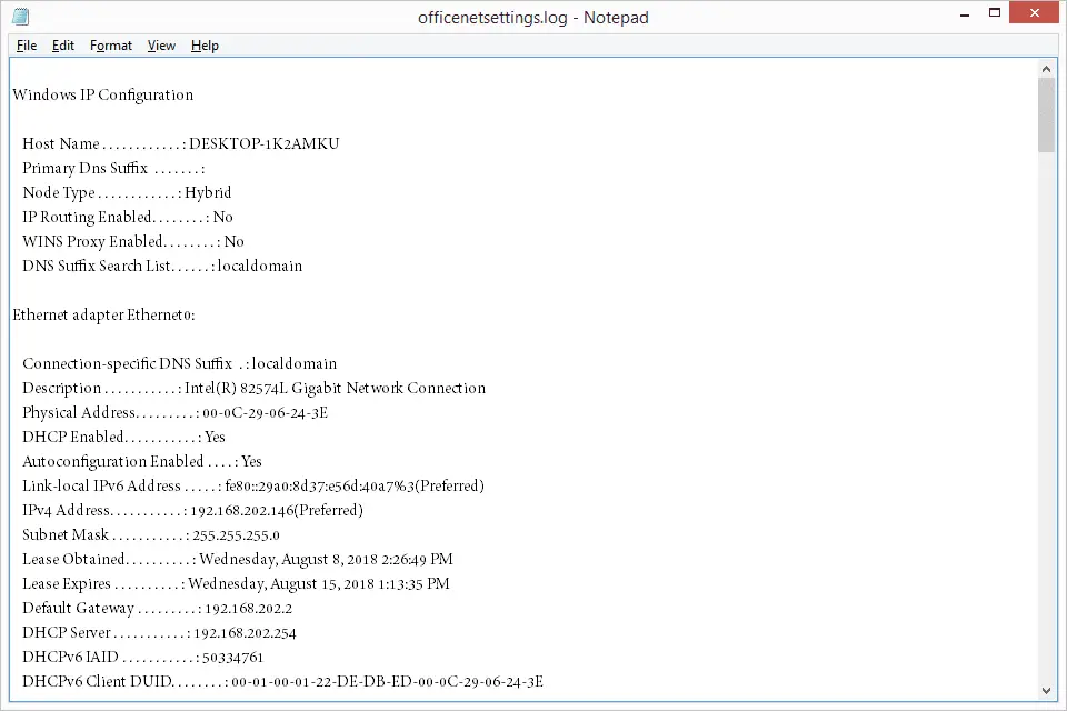 Skärmdump av en LOG-fil med kommandon skrivna till den